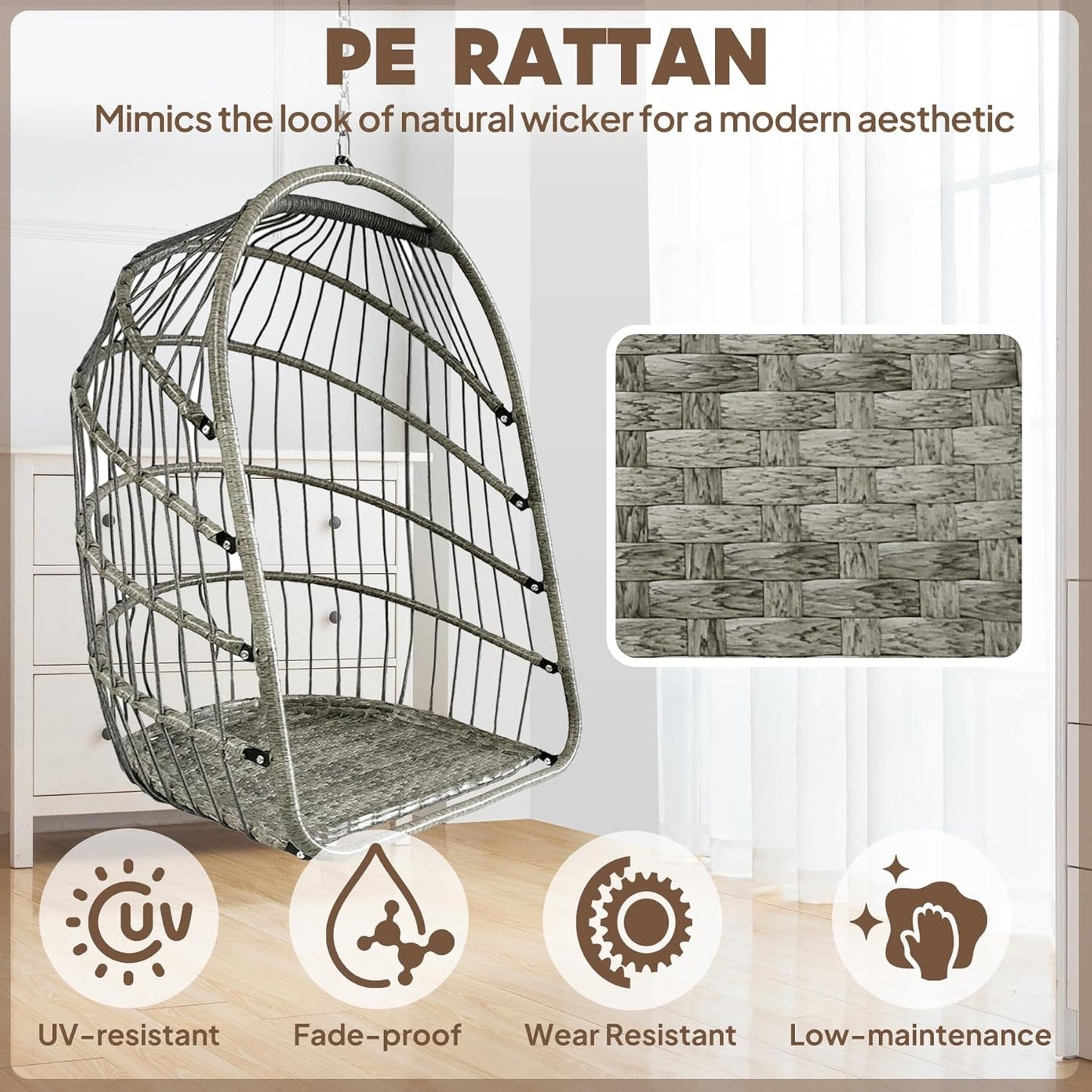 Chihee Egg Chair Foldable Wicker Rattan Hanging Chair Swing Chair Indoor Outdoor Patio Wicker Chair Hammock Chair with Stainless Steel Hanging Kit Chain Link UV Resistant Cushion Bedroom Balcony