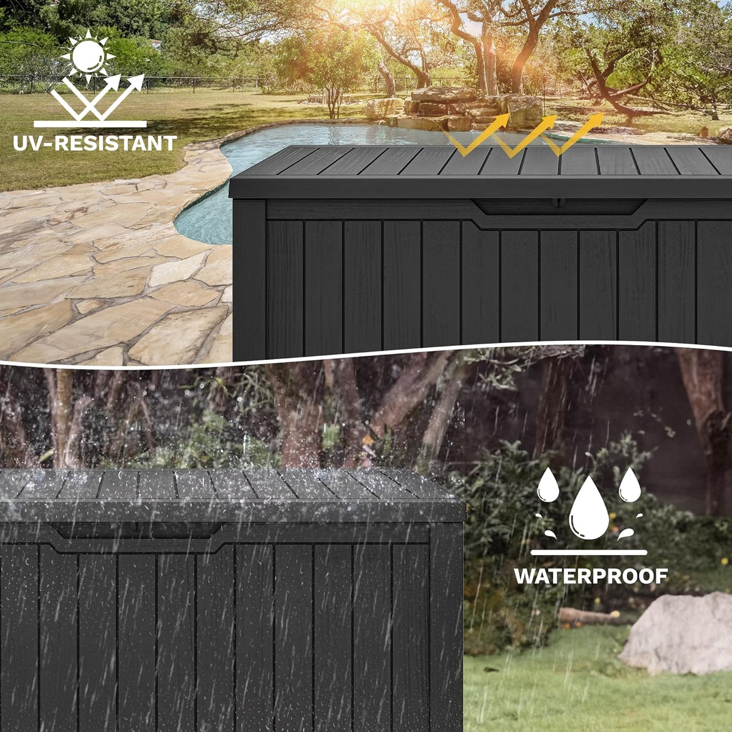 DWVO 120 Gallon Outdoor Storage Box, Large Lockable Resin Deck Box, Water Resistant Patio Storage Box for Tools, Cushions, Supplies - Black