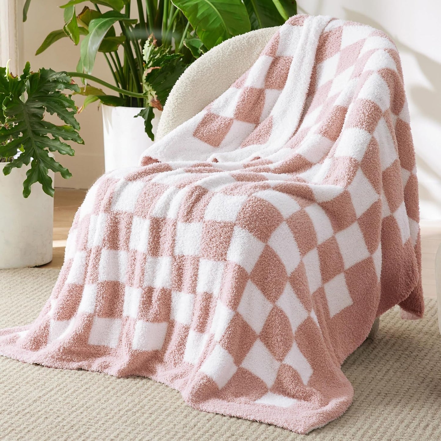 Bedsure Checkered Throw Blanket for Couch - Super Soft, Cozy & Warm Knit Blanket, Breathable, Lightweight & Fluffy for Bed & Sofa, Checkered Beige, 50x60 Inches