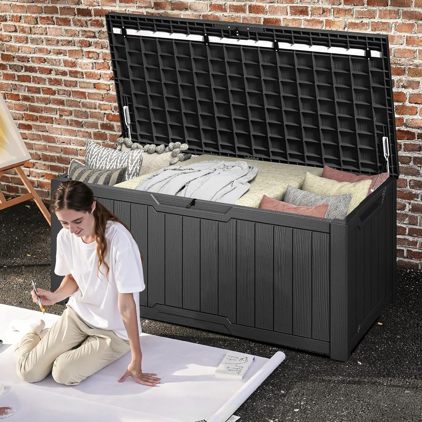 DWVO 120 Gallon Outdoor Storage Box, Large Lockable Resin Deck Box, Water Resistant Patio Storage Box for Tools, Cushions, Supplies - Black