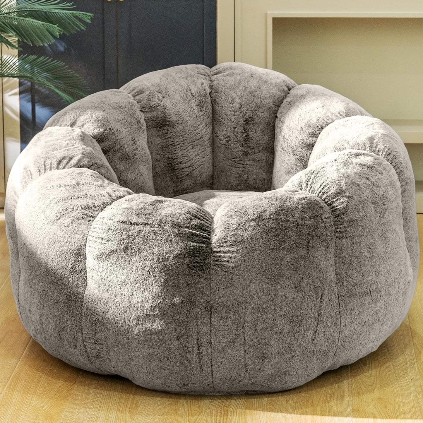 Bean Bag Chair with Filler, Faux Fur Comfy Chair with Petal Armrest Fluffy Lounge Chair for Bedroom, Living Room, Dorm, Game - Grey, Large, Low Support
