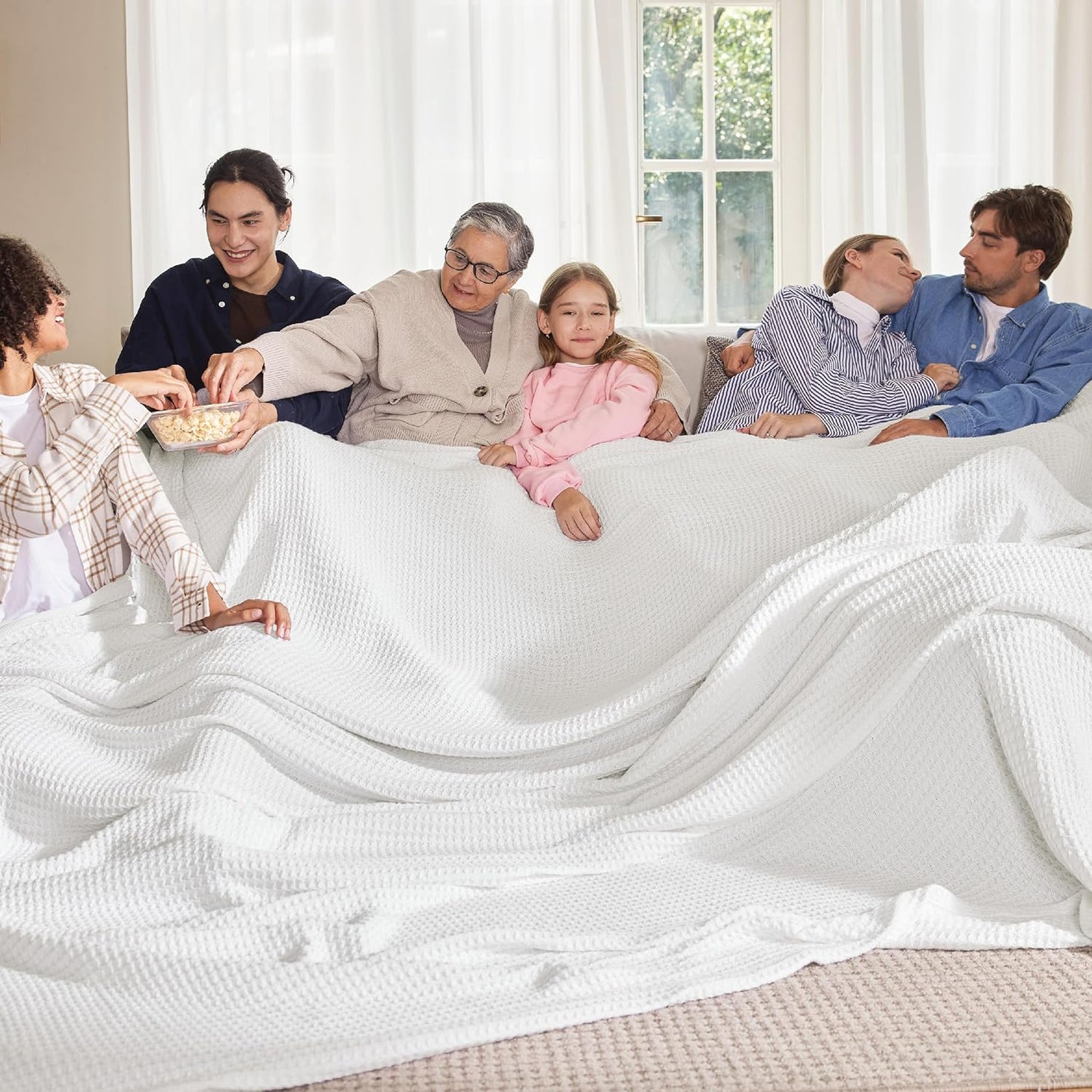 Bedsure 100% Cotton Blanket Queen Size for Bed - Breathable and Soft, Waffle Weave Blanket for Summer Spring, White, 90x90 Inches