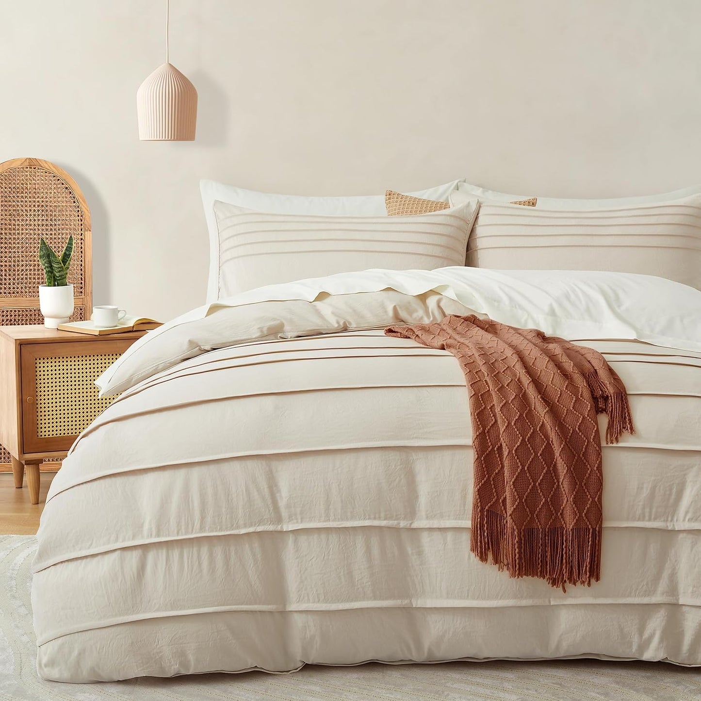Oli Anderson Beige Duvet Cover King Size - Pleated King Duvet Cover, 3PCS Soft and Breathable Textured Bedding Set with Zipper Closure(Beige,104"x90")
