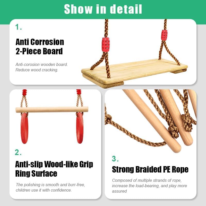 3 Pcs Gym Swing Set Includes Wooden Swing, Trapeze Bar with Rings & Climbing Rope Ladder for Kids, Indoor/Outdoor Play Equipment Combo Toy Gift with Hanging Hooks