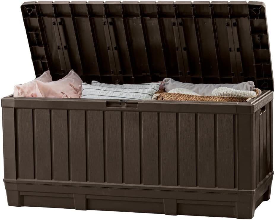 Keter Kentwood 92 Gallon Resin Deck Box-Organization and Storage for Patio Furniture Outdoor Cushions, Throw Pillows, Garden Tools and Pool Floats, Dark Grey