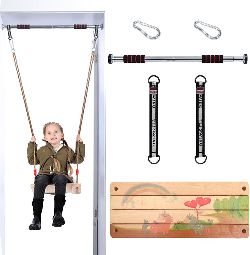 3 Pcs Gym Swing Set Includes Wooden Swing, Trapeze Bar with Rings & Climbing Rope Ladder for Kids, Indoor/Outdoor Play Equipment Combo Toy Gift with Hanging Hooks