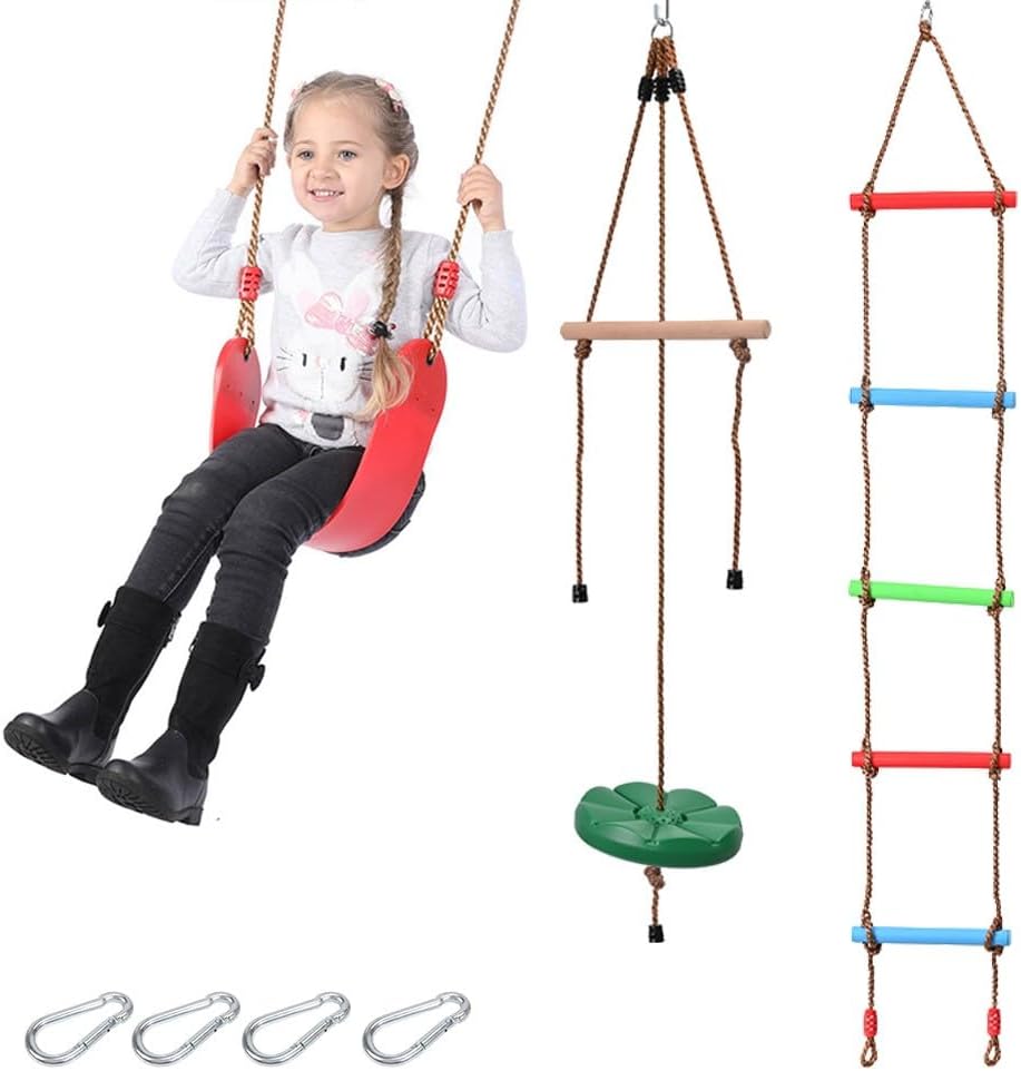 3 Pcs Gym Swing Set Includes Wooden Swing, Trapeze Bar with Rings & Climbing Rope Ladder for Kids, Indoor/Outdoor Play Equipment Combo Toy Gift with Hanging Hooks