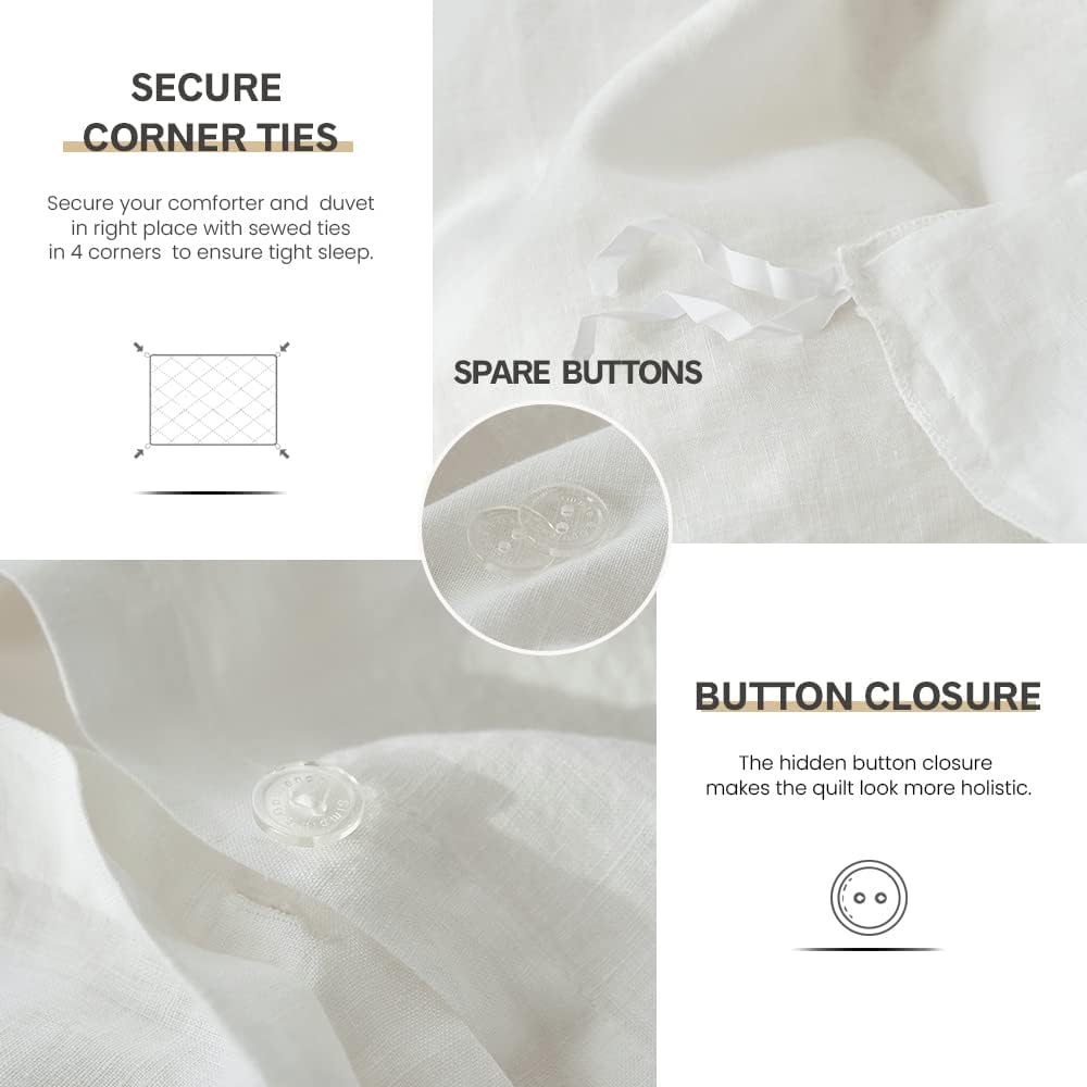 Simple&Opulence 100% Linen Duvet Cover Set 3pcs Basic Style Natural French Washed Flax Solid Color Soft Breathable Farmhouse Bedding with Button Closure - White, Queen