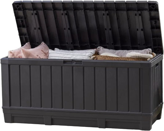 Keter Kentwood 92 Gallon Resin Deck Box-Organization and Storage for Patio Furniture Outdoor Cushions, Throw Pillows, Garden Tools and Pool Floats, Dark Grey