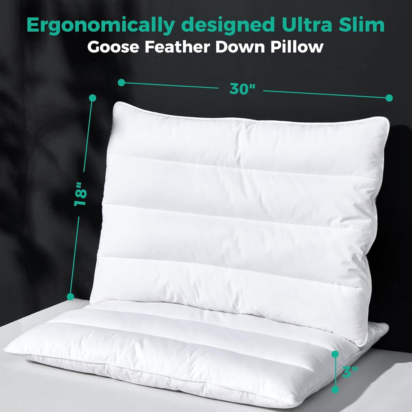 Three Geese Luxury Flat Thin Goose Feather Down Pillows Queen Size, 3 Inch Height, 100% Cotton Cover, Medium Firm, Hotel Collection Ultra Slim Thin Bed Pillows, Machine Washable, 18" x 30"