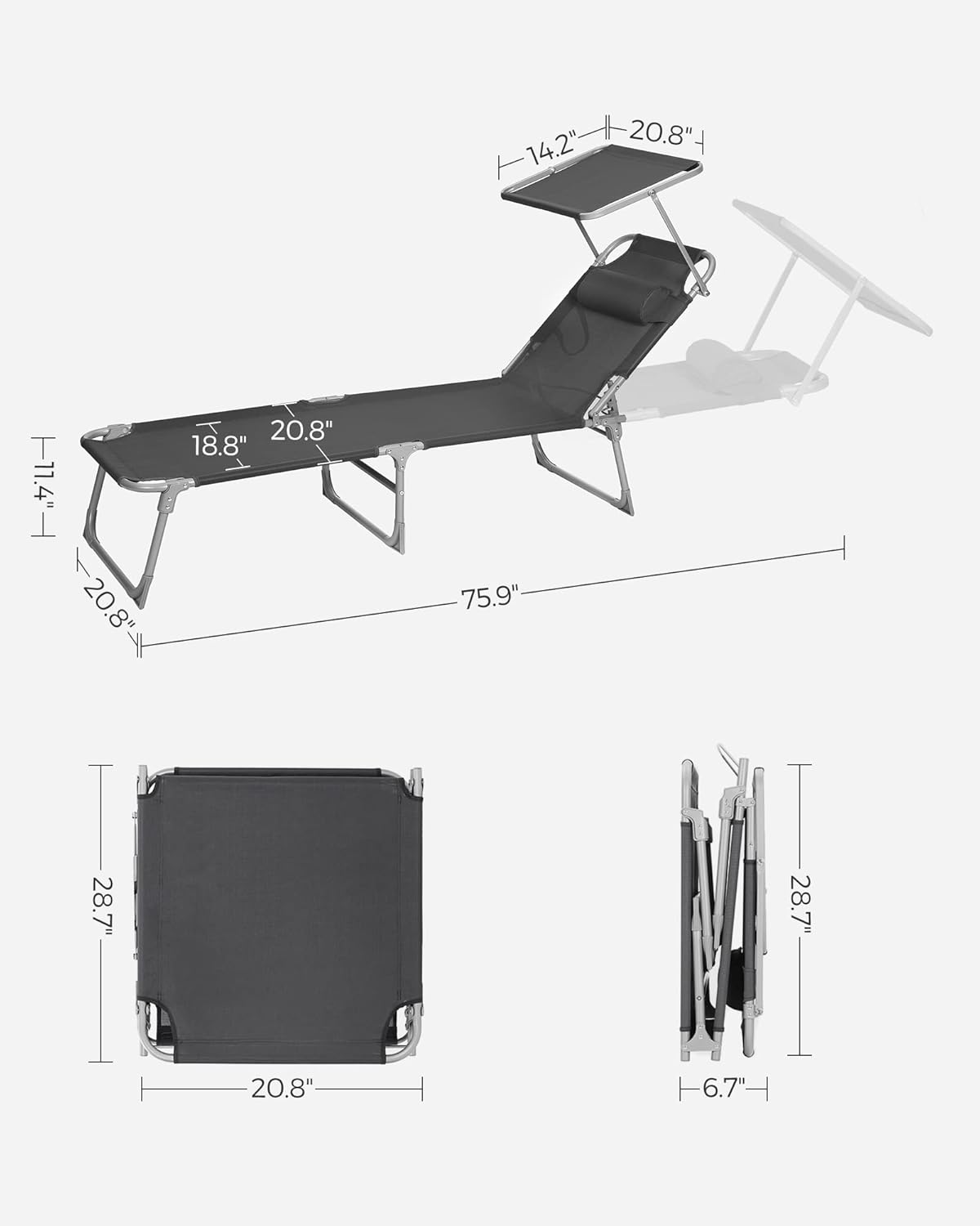 SONGMICS Sun Lounger, Patio Chaise Lounge Chair, Folding, with Canopy, 76 x 20.9 x 11.4 Inches, Holds 330 lb, Headrest, Adjustable Backrest, Outdoor Garden Pool, Dark Gray UGCB19UV1