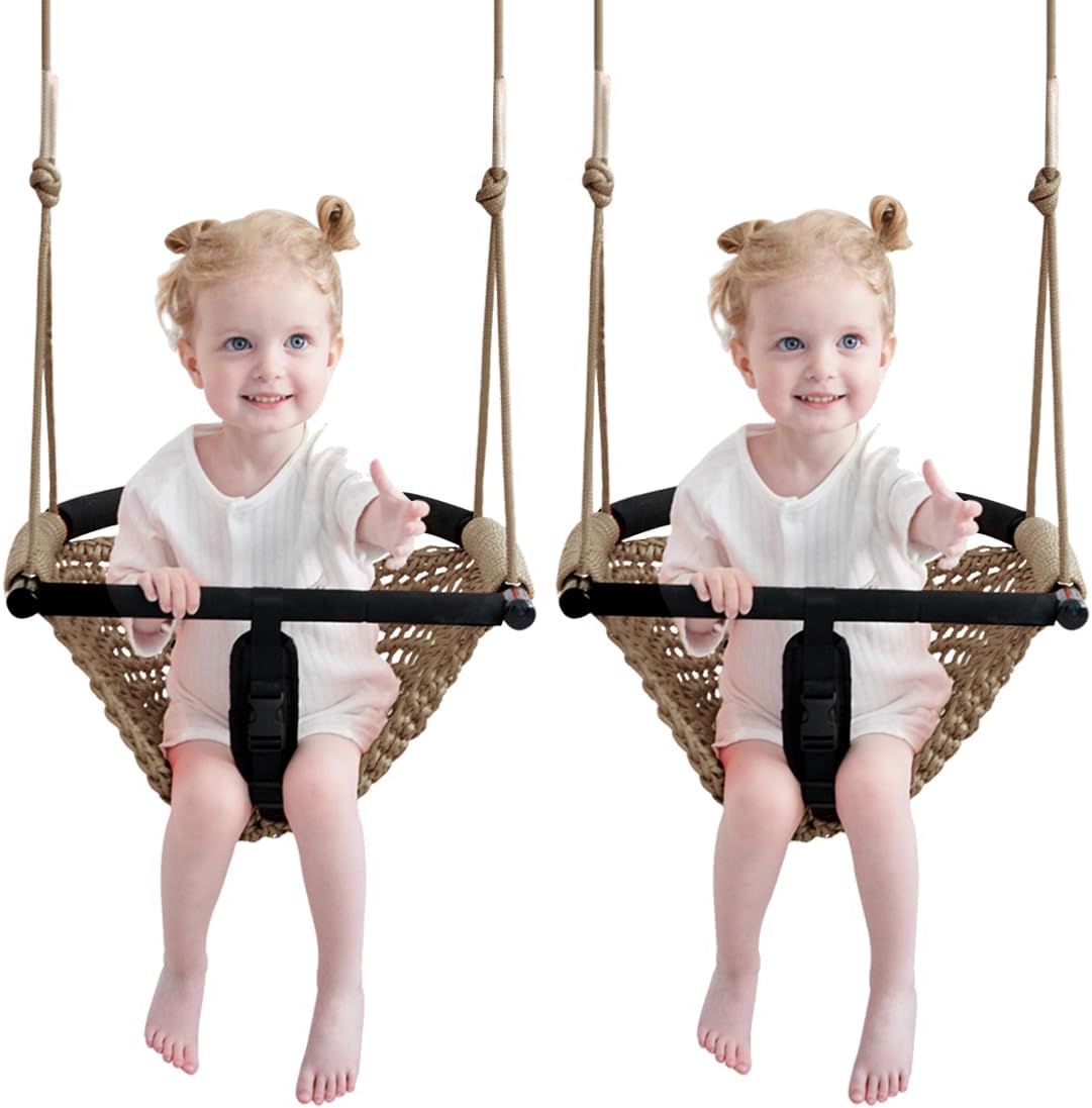 2 -in- 1 Toddler Swing. Swing Seat for Kids with Adjustable Ropes, for Kids Heavy Duty Rope Play Secure Children Swings Set, for Outdoor Indoor, Backyard. Upgrade Product (Light Brown)