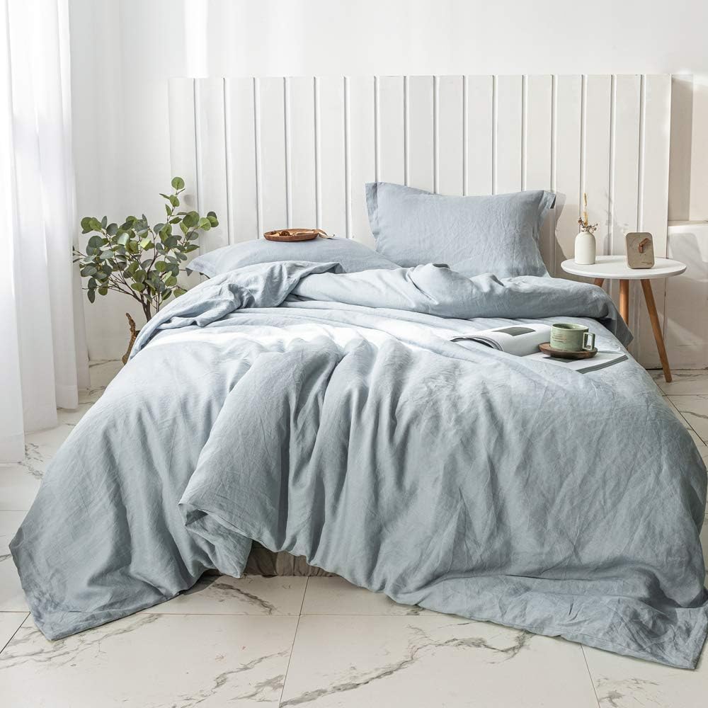 Simple&Opulence 100% Linen Duvet Cover Set 3pcs Basic Style Natural French Washed Flax Solid Color Soft Breathable Farmhouse Bedding with Button Closure - White, Queen