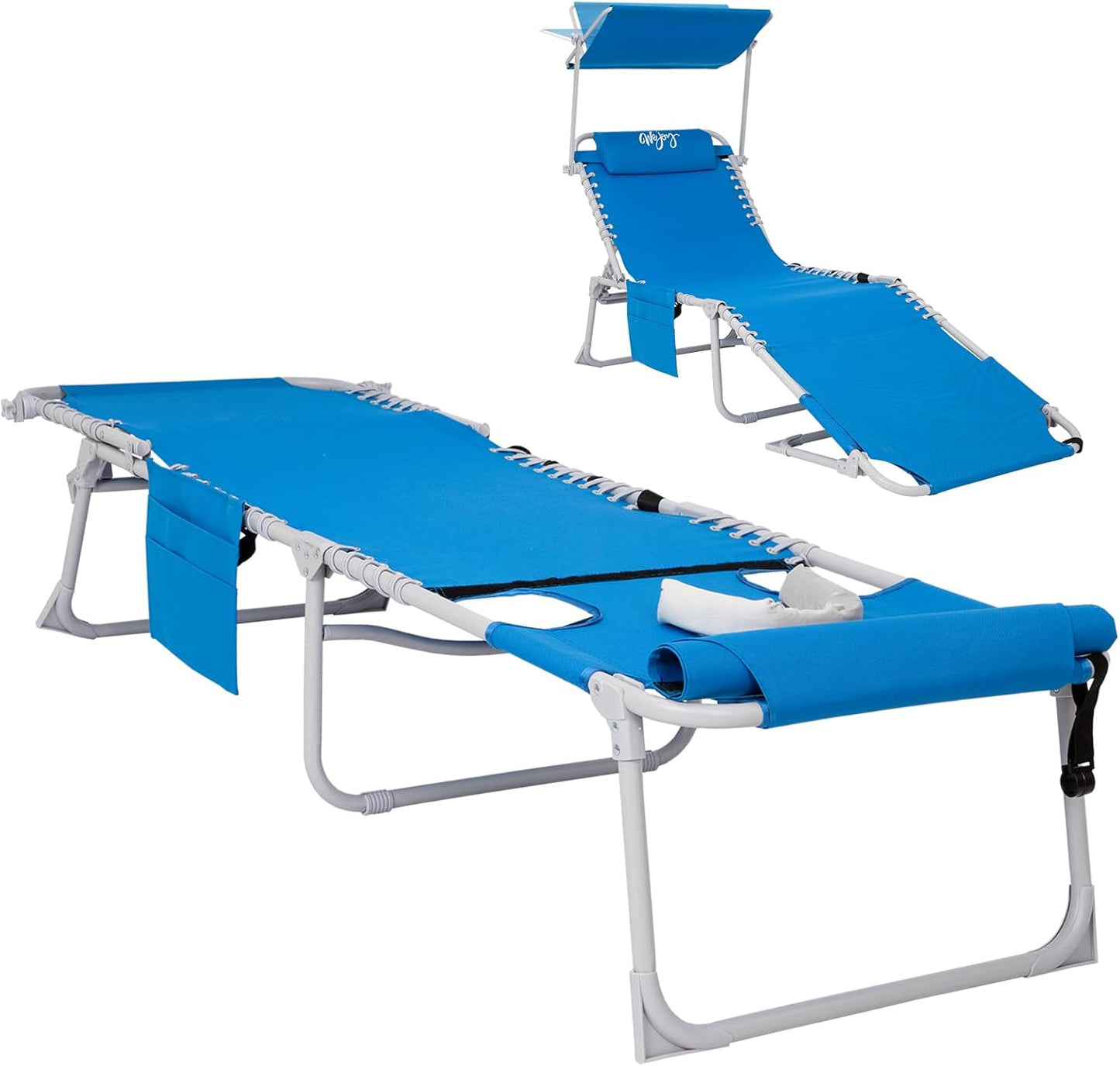 #WEJOY Folding Tanning Chair with Face Hole, 5 Positions Face Down Beach Lounge Chairs with Pillow for Outside Sunbathing Poolside (Cyan)