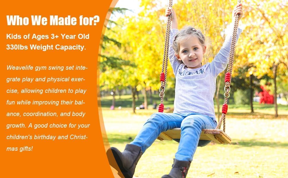 3 Pcs Gym Swing Set Includes Wooden Swing, Trapeze Bar with Rings & Climbing Rope Ladder for Kids, Indoor/Outdoor Play Equipment Combo Toy Gift with Hanging Hooks