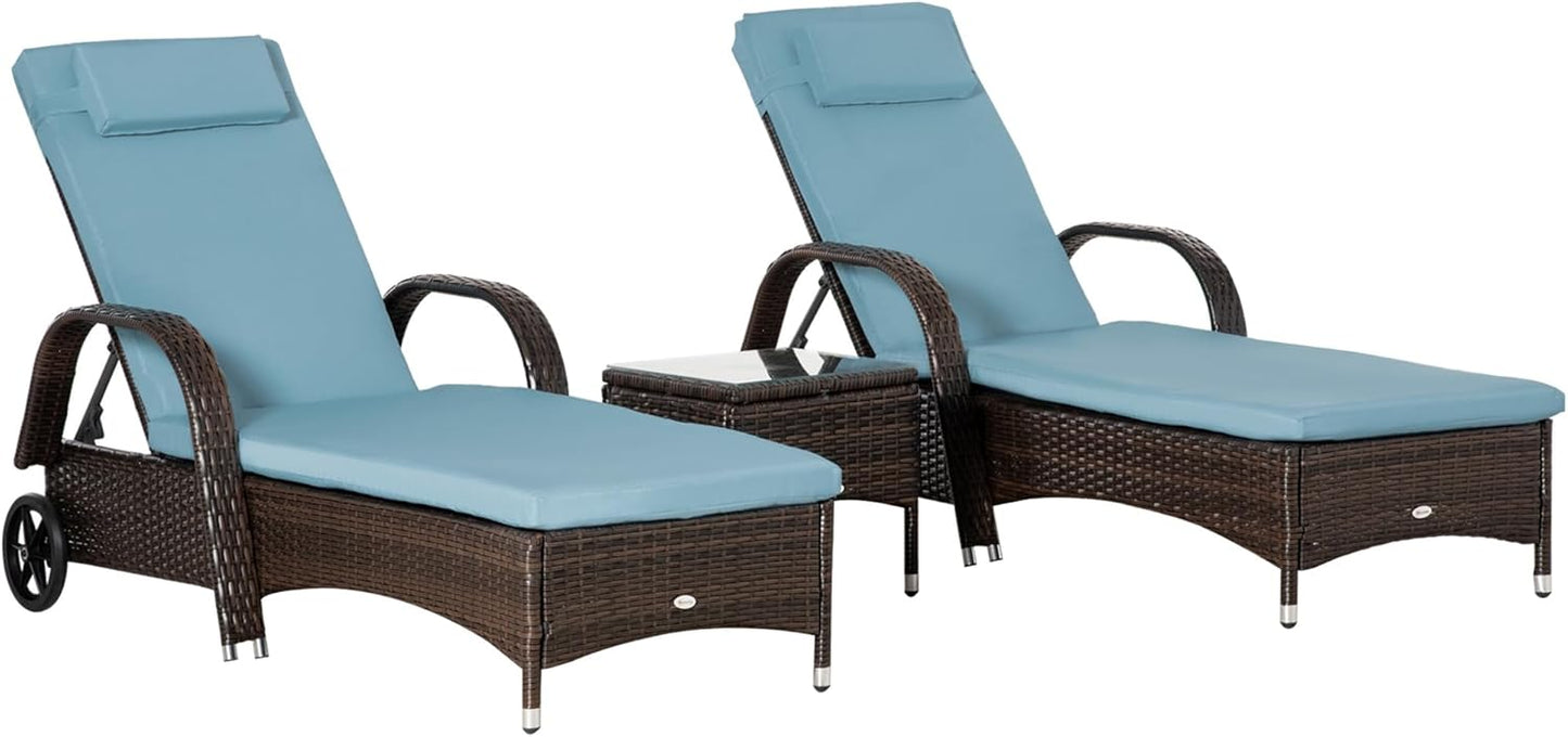 Outsunny Wicker Outdoor Chaise Lounge Chair Set of 3 with Side Table, 5-Level Adjustable Backrest PE Rattan Pool Lounge Chair with Wheels, Cushion & Headrest, Brown and Cream White