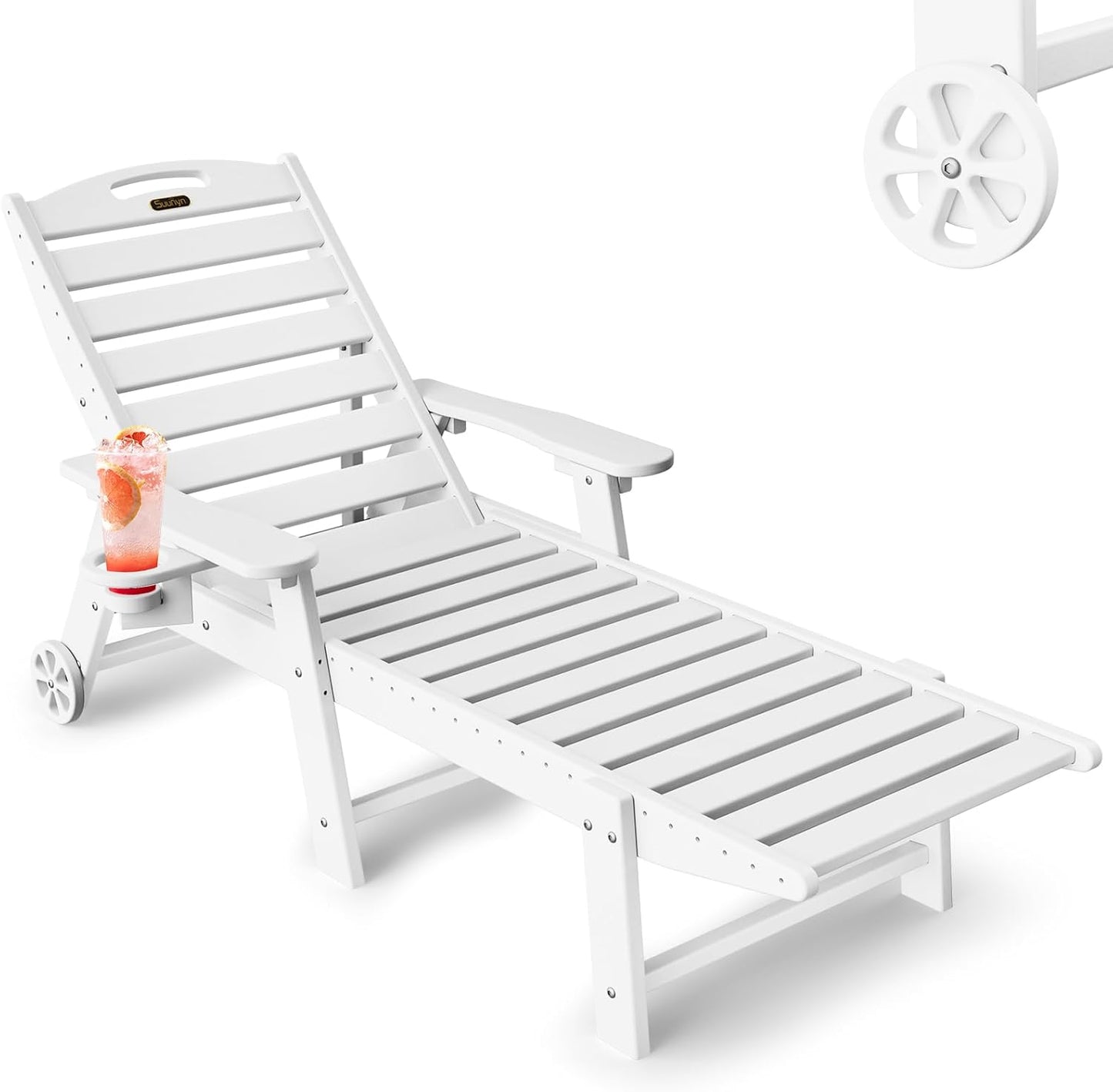 Lounge Chair Outdoor, Chaise Lounge Chair Outdoor, HDPE 6-Position Lounge Chair for Outside, Patio Lounge Chair with Wheels & Cup Holder for Pool Poolside Deck Backyard, Grey