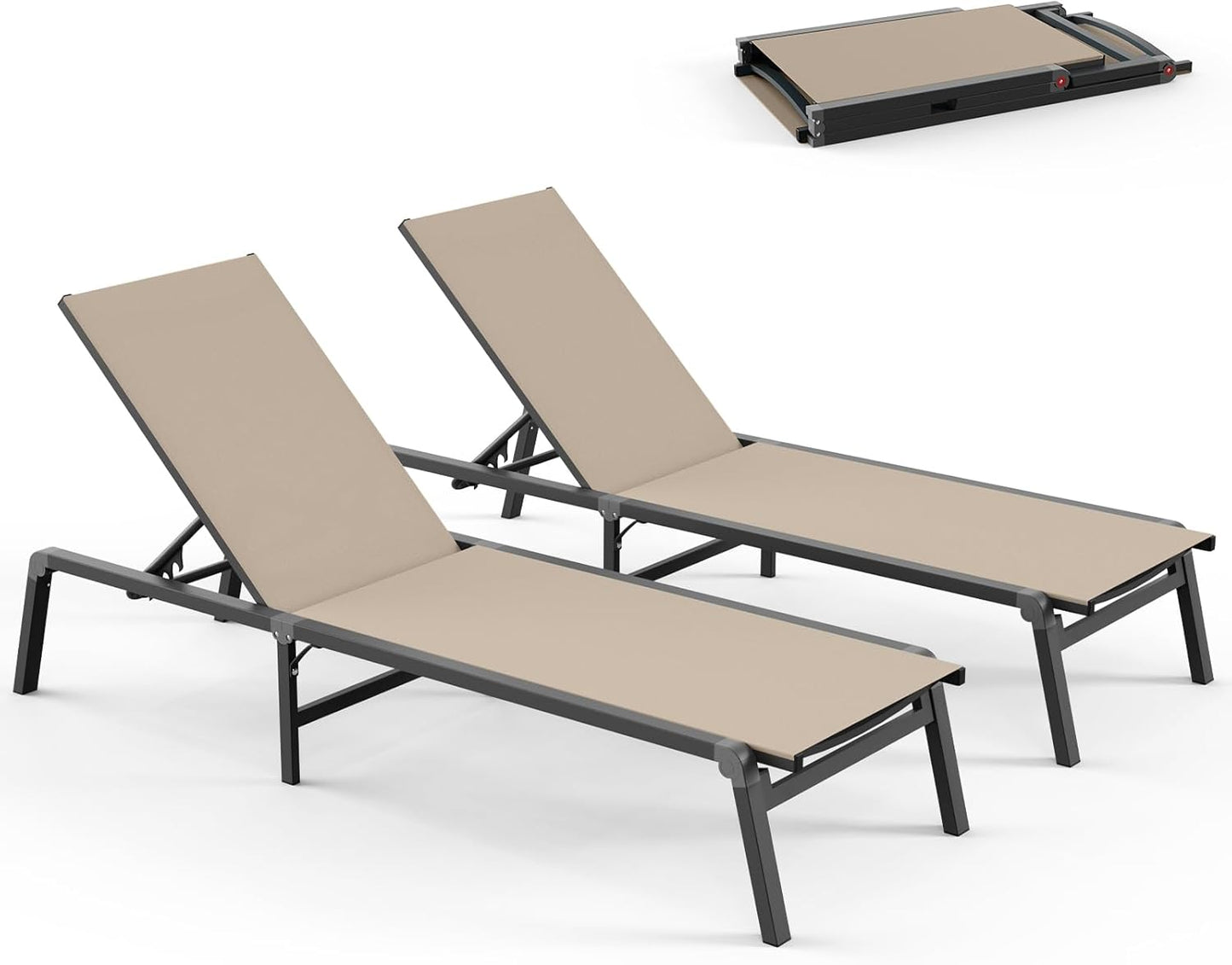 Chaise Lounge Outdoor, Foldable Aluminum Pool Lounge Chairs with 5 Positions Recliner - Free Assembly - Patio Chaise Lounge Chair for Poolside, Beach, Yard (Khaki)