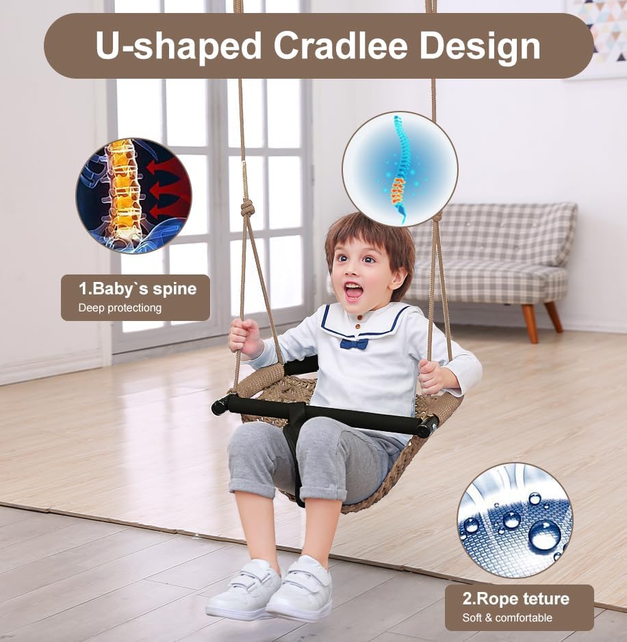 2 -in- 1 Toddler Swing. Swing Seat for Kids with Adjustable Ropes, for Kids Heavy Duty Rope Play Secure Children Swings Set, for Outdoor Indoor, Backyard. Upgrade Product (Light Brown)