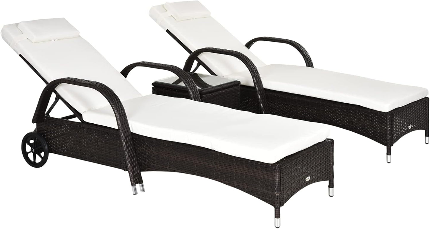 Outsunny Wicker Outdoor Chaise Lounge Chair Set of 3 with Side Table, 5-Level Adjustable Backrest PE Rattan Pool Lounge Chair with Wheels, Cushion & Headrest, Brown and Cream White