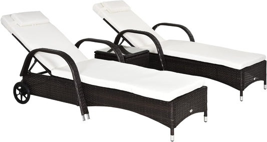 Outsunny Wicker Outdoor Chaise Lounge Chair Set of 3 with Side Table, 5-Level Adjustable Backrest PE Rattan Pool Lounge Chair with Wheels, Cushion & Headrest, Brown and Cream White