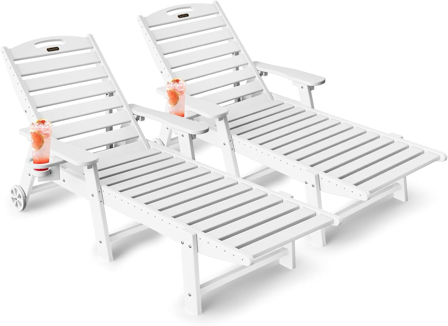 Lounge Chair Outdoor, Chaise Lounge Chair Outdoor, HDPE 6-Position Lounge Chair for Outside, Patio Lounge Chair with Wheels & Cup Holder for Pool Poolside Deck Backyard, Grey