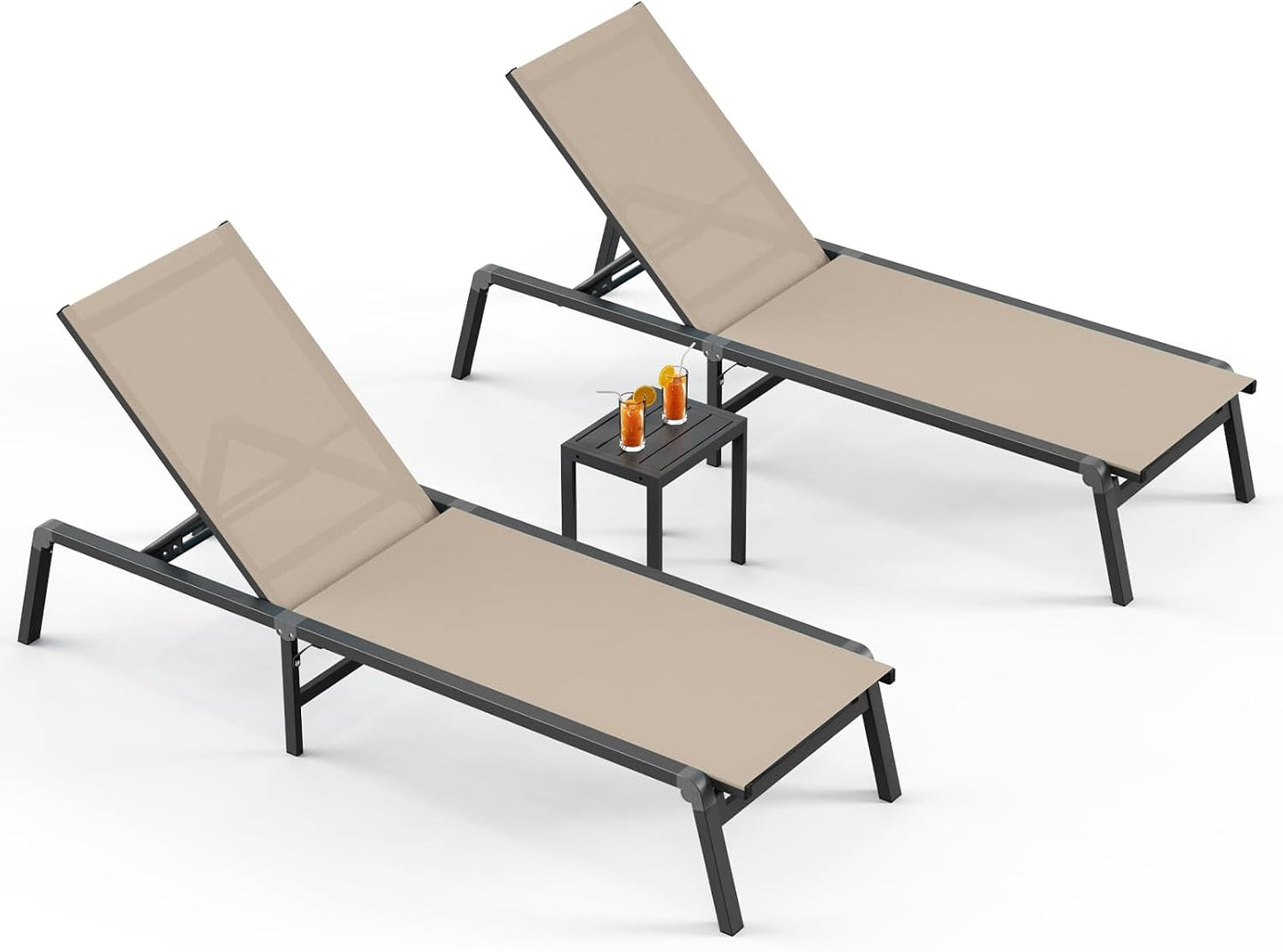 Chaise Lounge Outdoor, Foldable Aluminum Pool Lounge Chairs with 5 Positions Recliner - Free Assembly - Patio Chaise Lounge Chair for Poolside, Beach, Yard (Khaki)