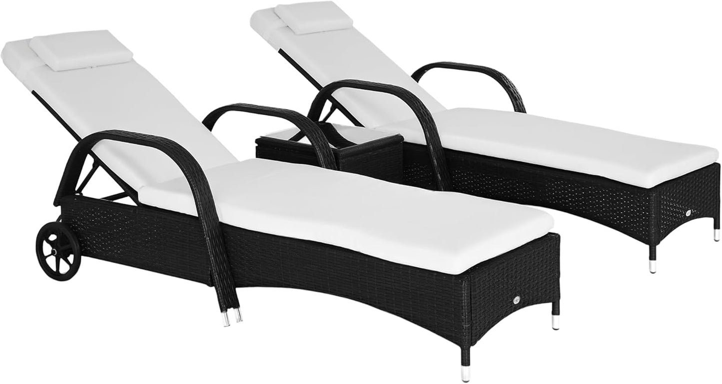 Outsunny Wicker Outdoor Chaise Lounge Chair Set of 3 with Side Table, 5-Level Adjustable Backrest PE Rattan Pool Lounge Chair with Wheels, Cushion & Headrest, Brown and Cream White
