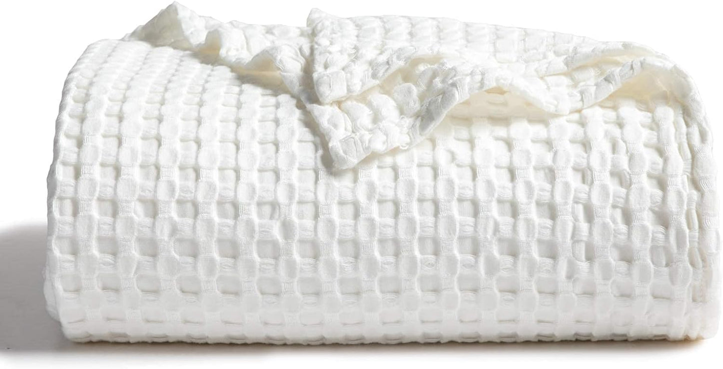 Bedsure Cooling Cotton Waffle Queen Size Blanket - Lightweight Breathable Summer Blanket of Rayon Derived from Bamboo for Hot Sleepers, Luxury Throws for Bed, Couch and Sofa, Ivory, 90x90 Inches