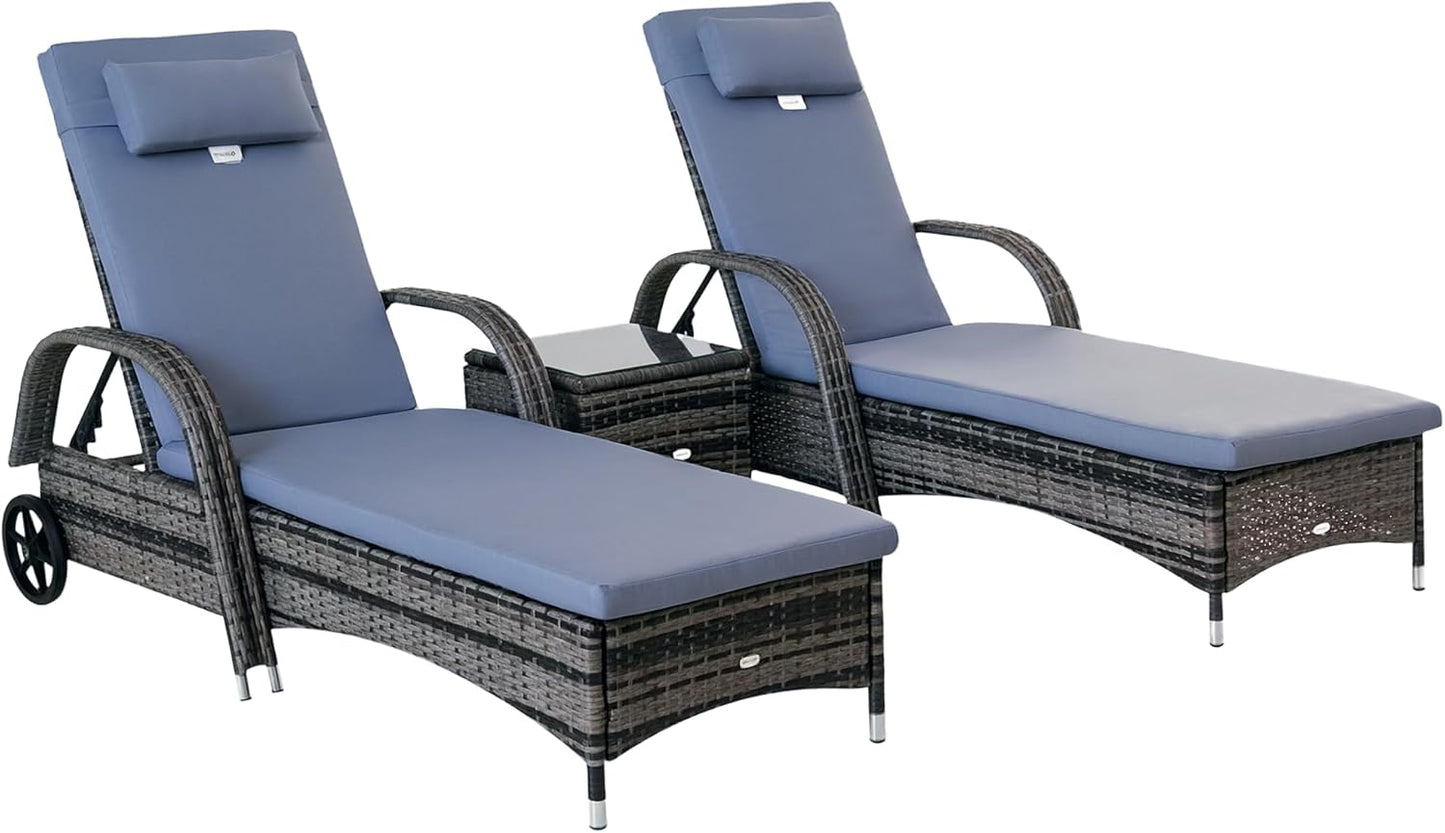 Outsunny Wicker Outdoor Chaise Lounge Chair Set of 3 with Side Table, 5-Level Adjustable Backrest PE Rattan Pool Lounge Chair with Wheels, Cushion & Headrest, Brown and Cream White