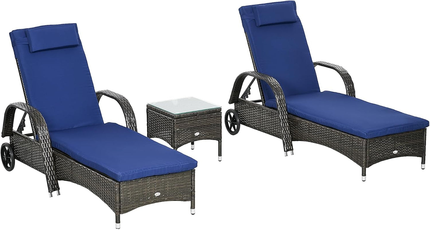 Outsunny Wicker Outdoor Chaise Lounge Chair Set of 3 with Side Table, 5-Level Adjustable Backrest PE Rattan Pool Lounge Chair with Wheels, Cushion & Headrest, Brown and Cream White