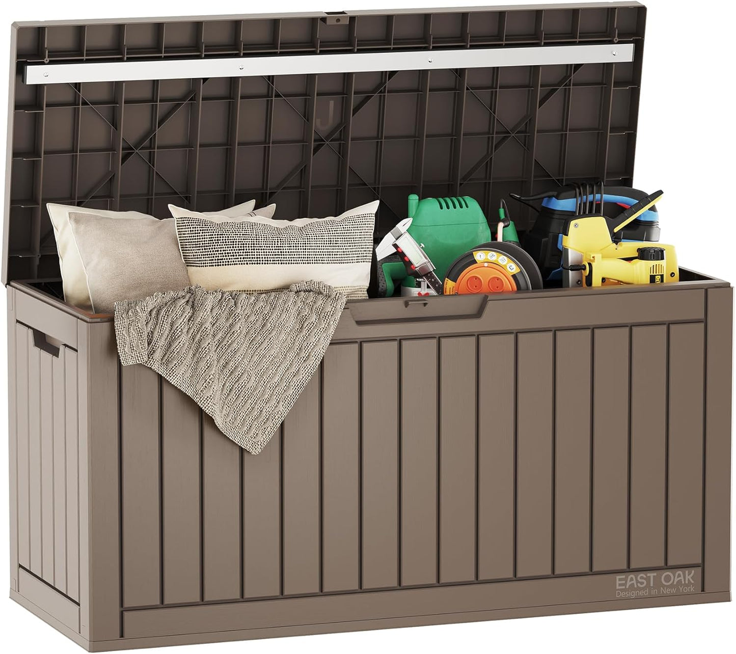 EAST OAK Outdoor Storage Box | 31 Gallon Deck Box Indoor and Outdoor Use | Waterproof Resin Storage Bin with Latch for Patio Cushions, Gardening Tools | UV Resistant | Deep Grey