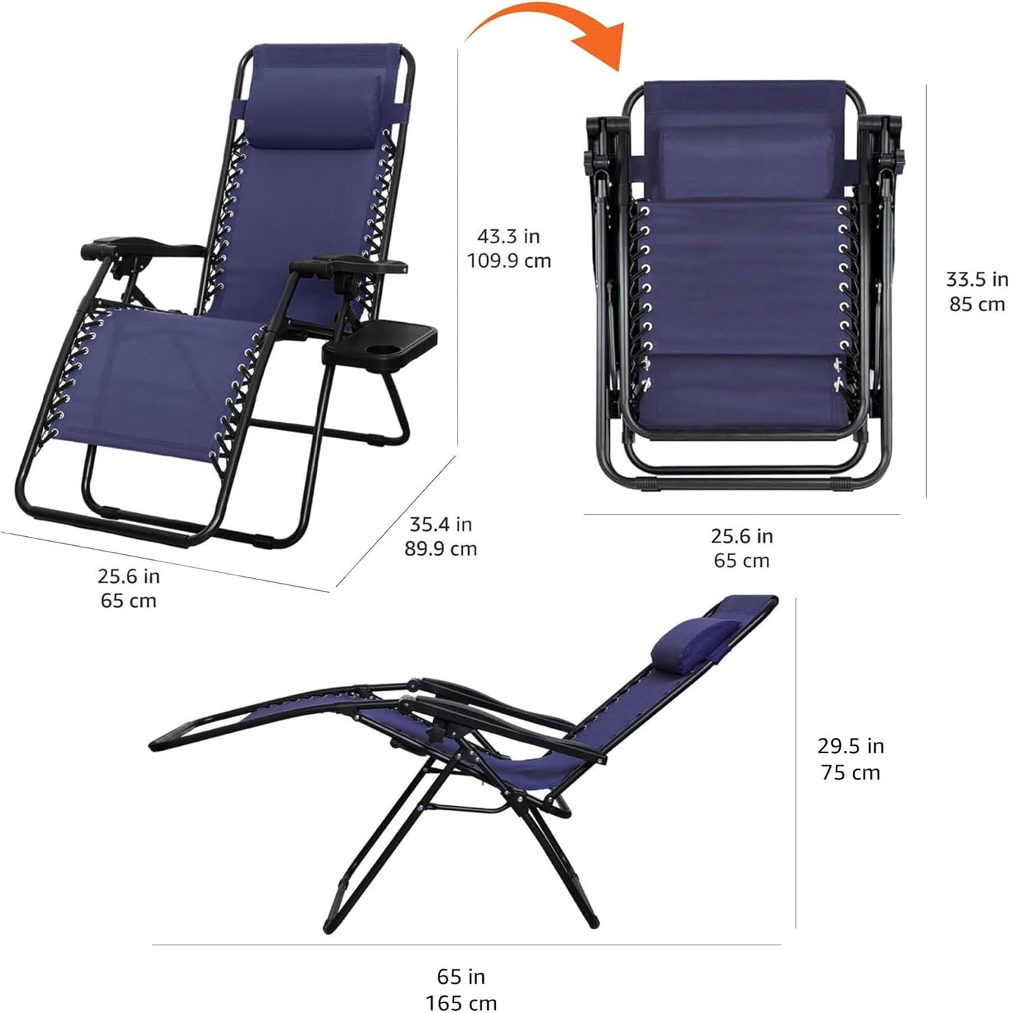 Amazon Basics Outdoor Textilene Adjustable Zero Gravity Folding Reclining Lounge Chair Set with Side Table, pack of 2, Blue