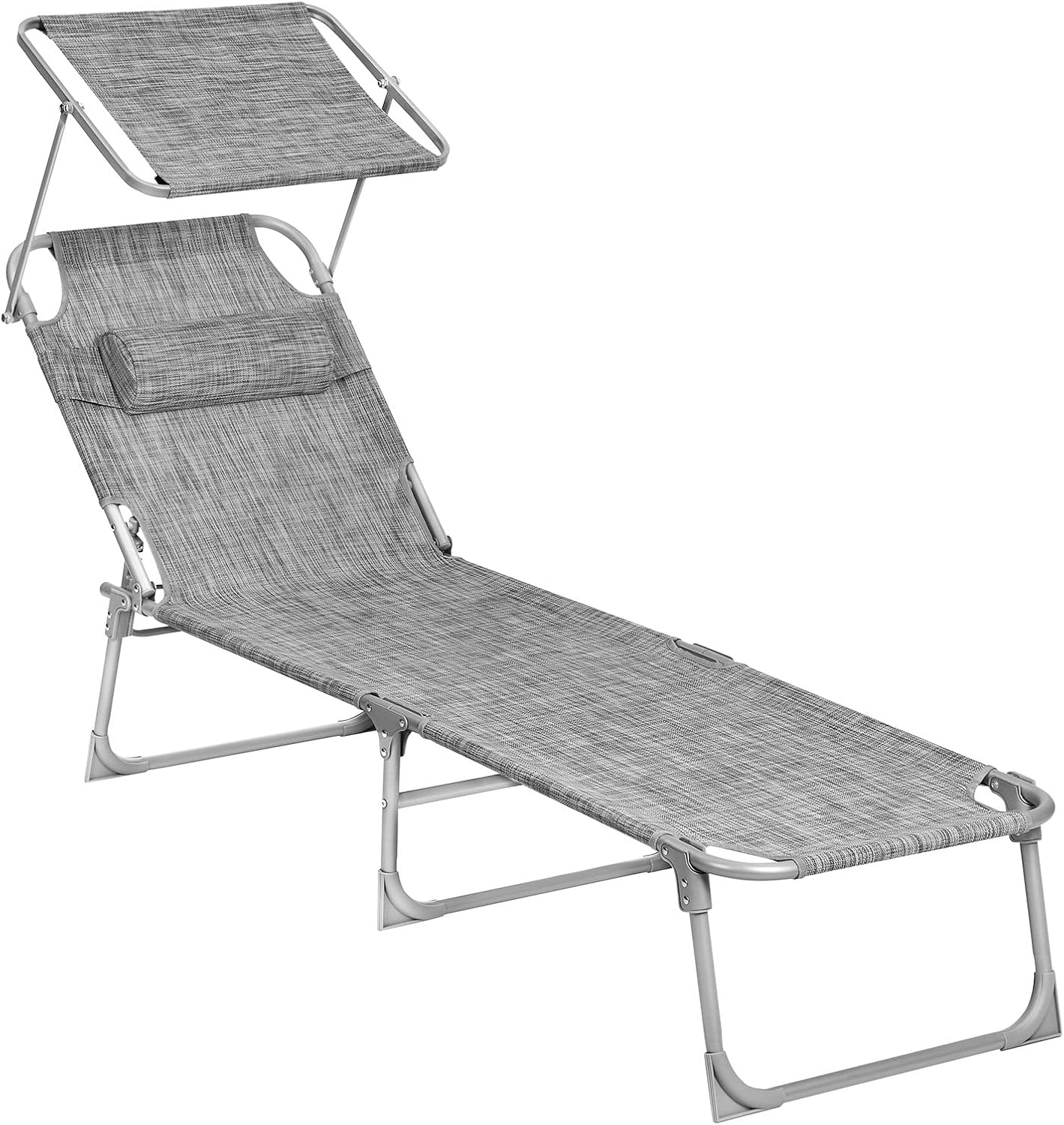 SONGMICS Sun Lounger, Patio Chaise Lounge Chair, Folding, with Canopy, 76 x 20.9 x 11.4 Inches, Holds 330 lb, Headrest, Adjustable Backrest, Outdoor Garden Pool, Dark Gray UGCB19UV1