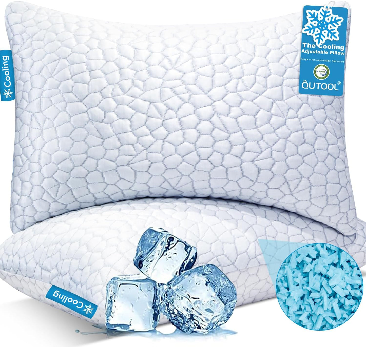 QUTOOL Cooling Pillows for Sleeping 2 Pack, Shredded Memory Foam Bed Pillows Queen Size Set of 2, Cool Gel Pillow for Hot Sleepers Adjustable Firm Pillow for Side, Back and Stomach Sleepers Supportive
