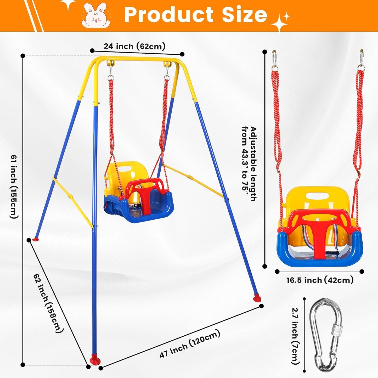 3-in-1 Toddler Swing Set, Metal A-Frame Hammock Chair Stand, Foldable Baby Swing Frame, Easy to Assemble & Store, Indoor/Outdoor Swing Stand for Toddler Baby Jumper Chair (SEAT)