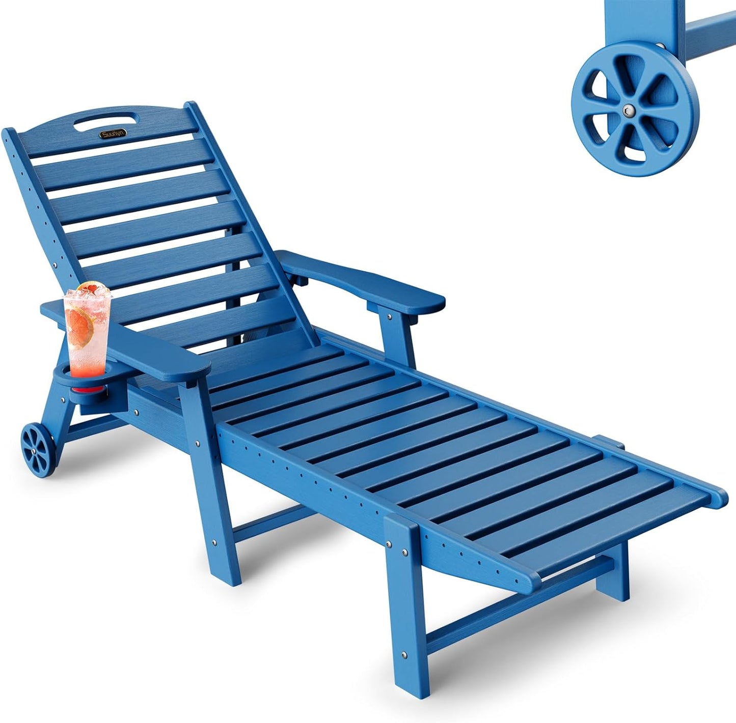 Lounge Chair Outdoor, Chaise Lounge Chair Outdoor, HDPE 6-Position Lounge Chair for Outside, Patio Lounge Chair with Wheels & Cup Holder for Pool Poolside Deck Backyard, Grey