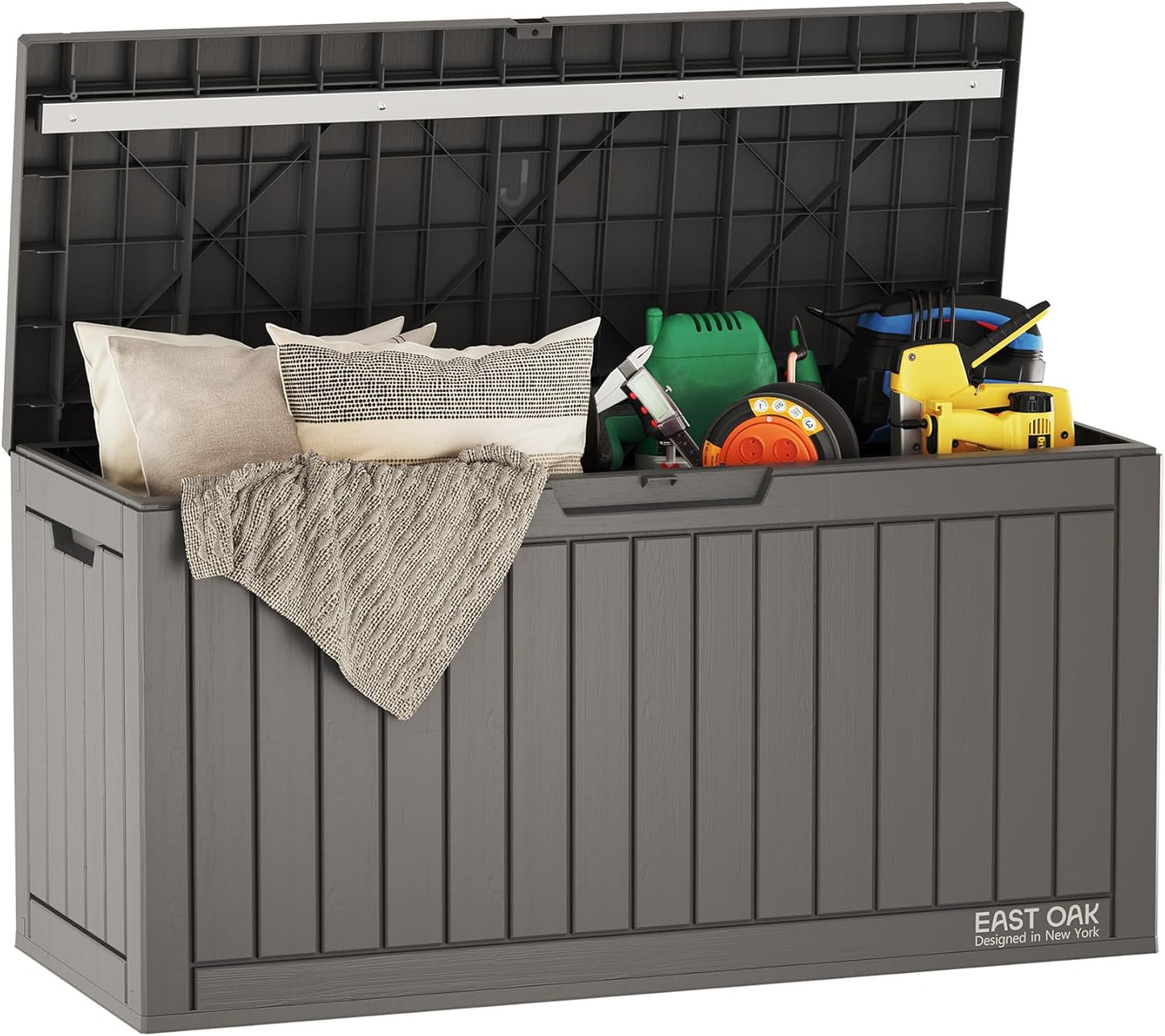 EAST OAK Outdoor Storage Box | 31 Gallon Deck Box Indoor and Outdoor Use | Waterproof Resin Storage Bin with Latch for Patio Cushions, Gardening Tools | UV Resistant | Deep Grey