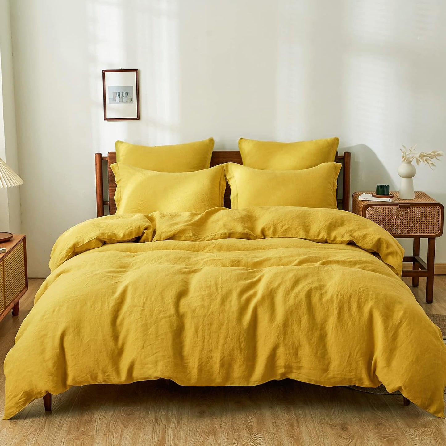 Simple&Opulence 100% Linen Duvet Cover Set 3pcs Basic Style Natural French Washed Flax Solid Color Soft Breathable Farmhouse Bedding with Button Closure - White, Queen
