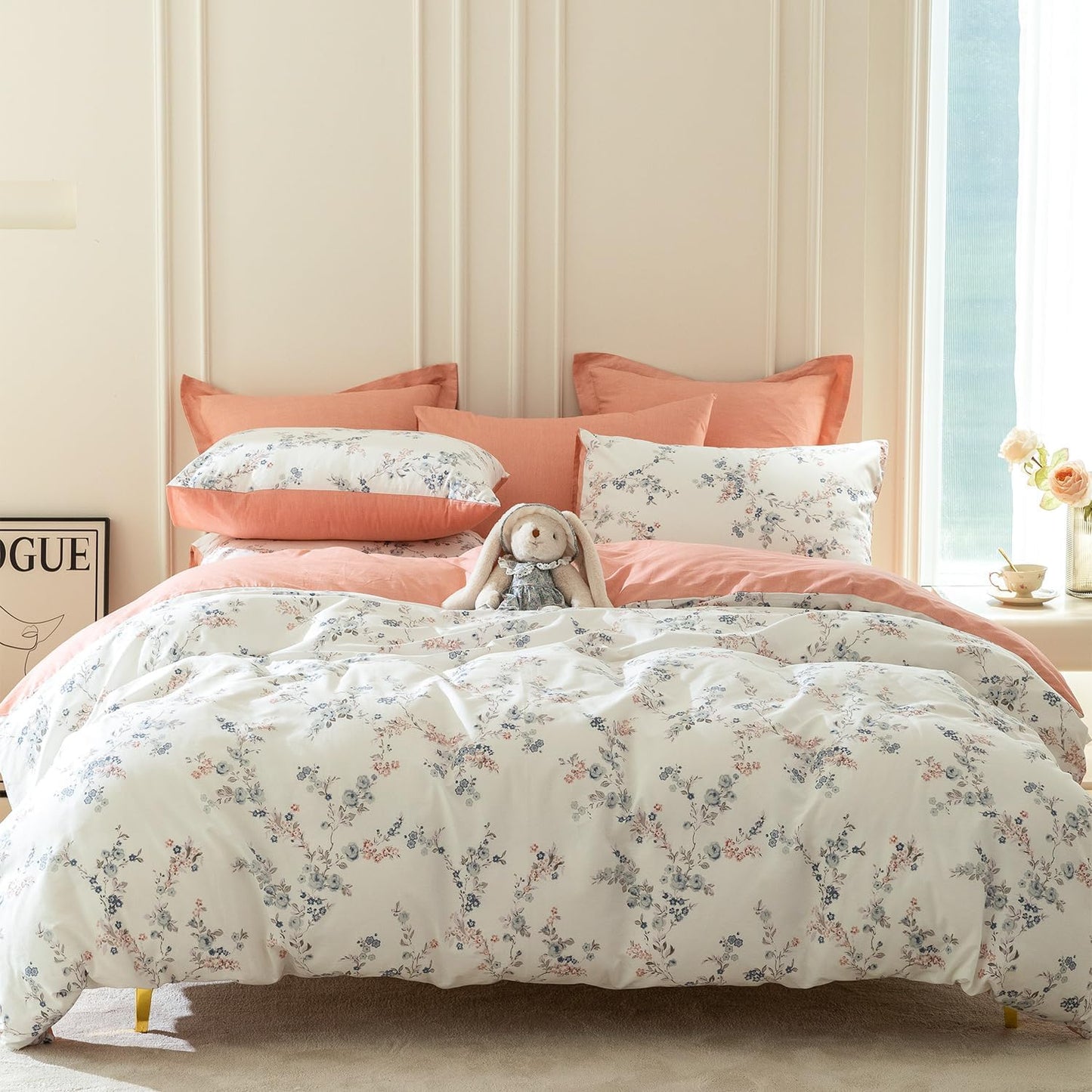 Jane yre Duvet Cover Queen Floral, Brushed Microfiber 3 Pieces Bedding Set, Garden Style Vintage Floral Queen Duvet Cover Flower, with Zipper Closure, Luxury Soft Breathable Comfy