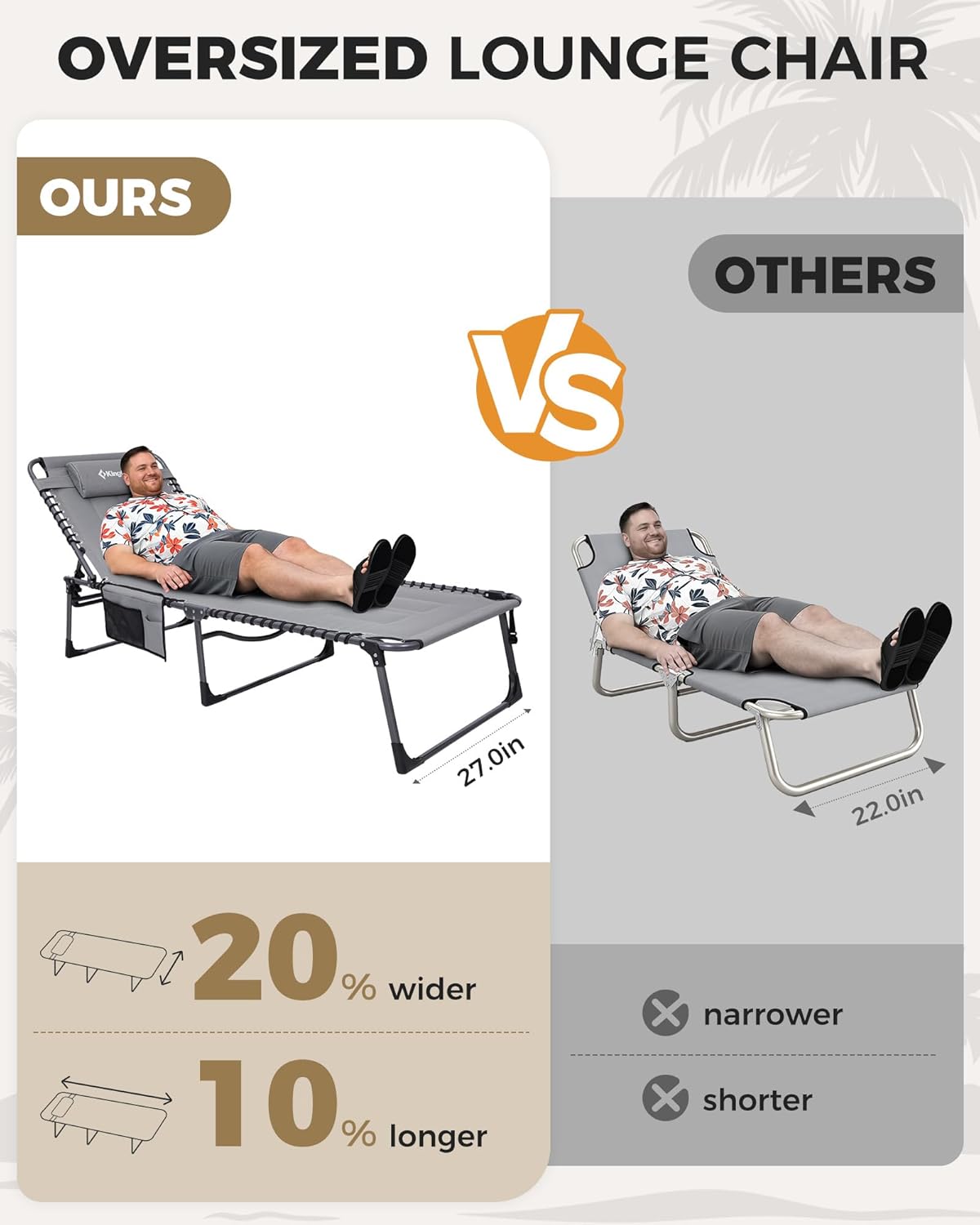 KingCamp Oversized Tanning Chair, Extra-Wide Padded Folding Chase Lounge Chairs Portable Adjustable 5-Position 400lbs Heavy Duty Lounger with Double-Layer Oxford for Outdoor Beach Patio Sun Pool