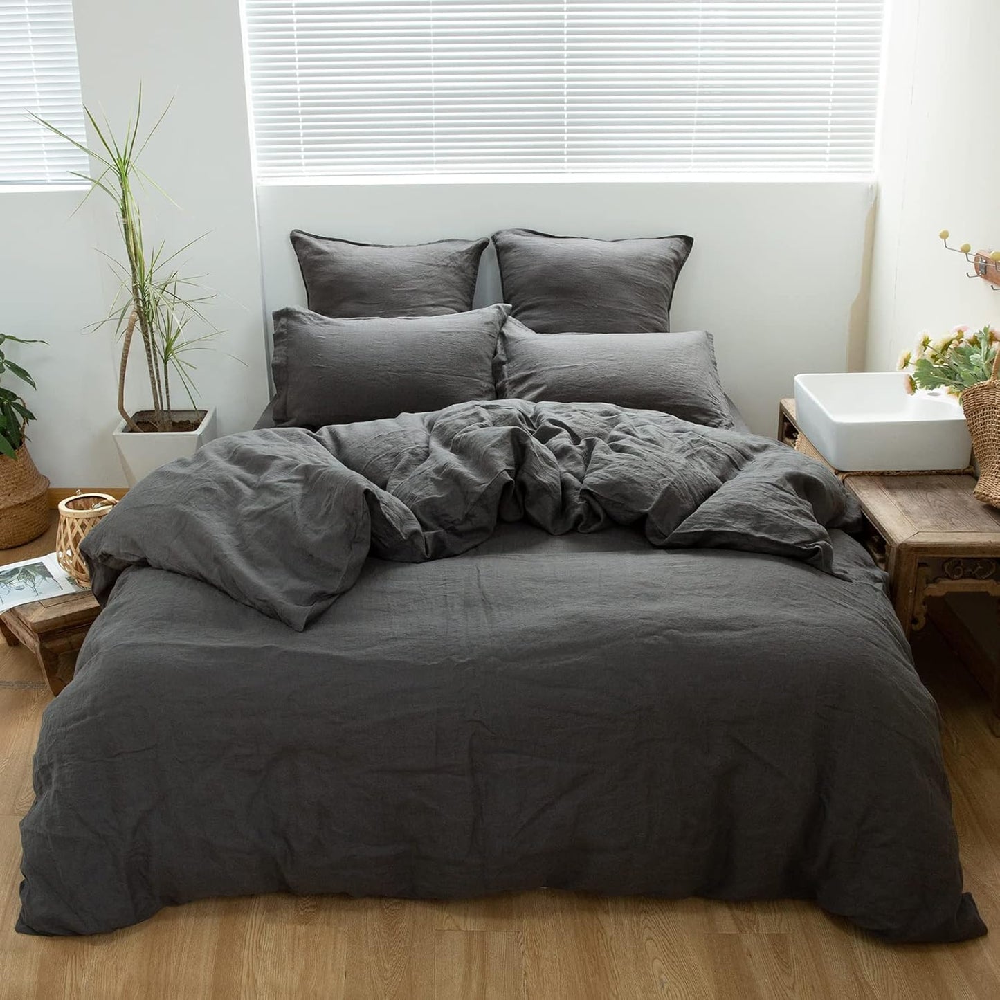 Simple&Opulence 100% Linen Duvet Cover Set 3pcs Basic Style Natural French Washed Flax Solid Color Soft Breathable Farmhouse Bedding with Button Closure - White, Queen