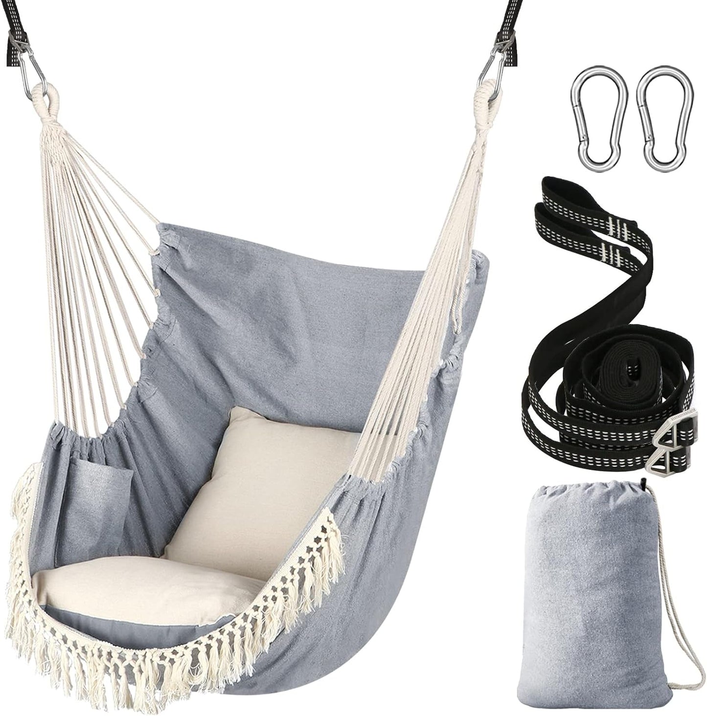 Chihee Hammock Chair Hanging Swing 2 Pillows Included,Strong Webbing Straps and Hooks for Easy Hanging Soft Cotton Hanging Chair Side Pocket Tassel Chair Comfort Indoor Outdoor Dark Grey