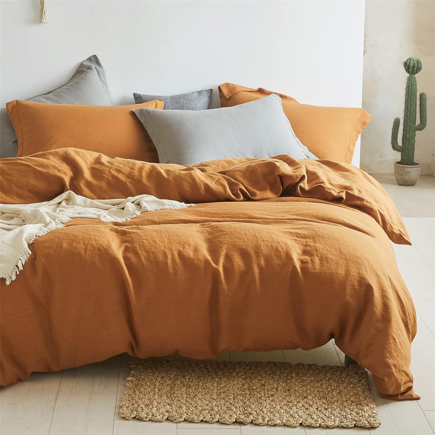 Simple&Opulence 100% Linen Duvet Cover Set 3pcs Basic Style Natural French Washed Flax Solid Color Soft Breathable Farmhouse Bedding with Button Closure - White, Queen