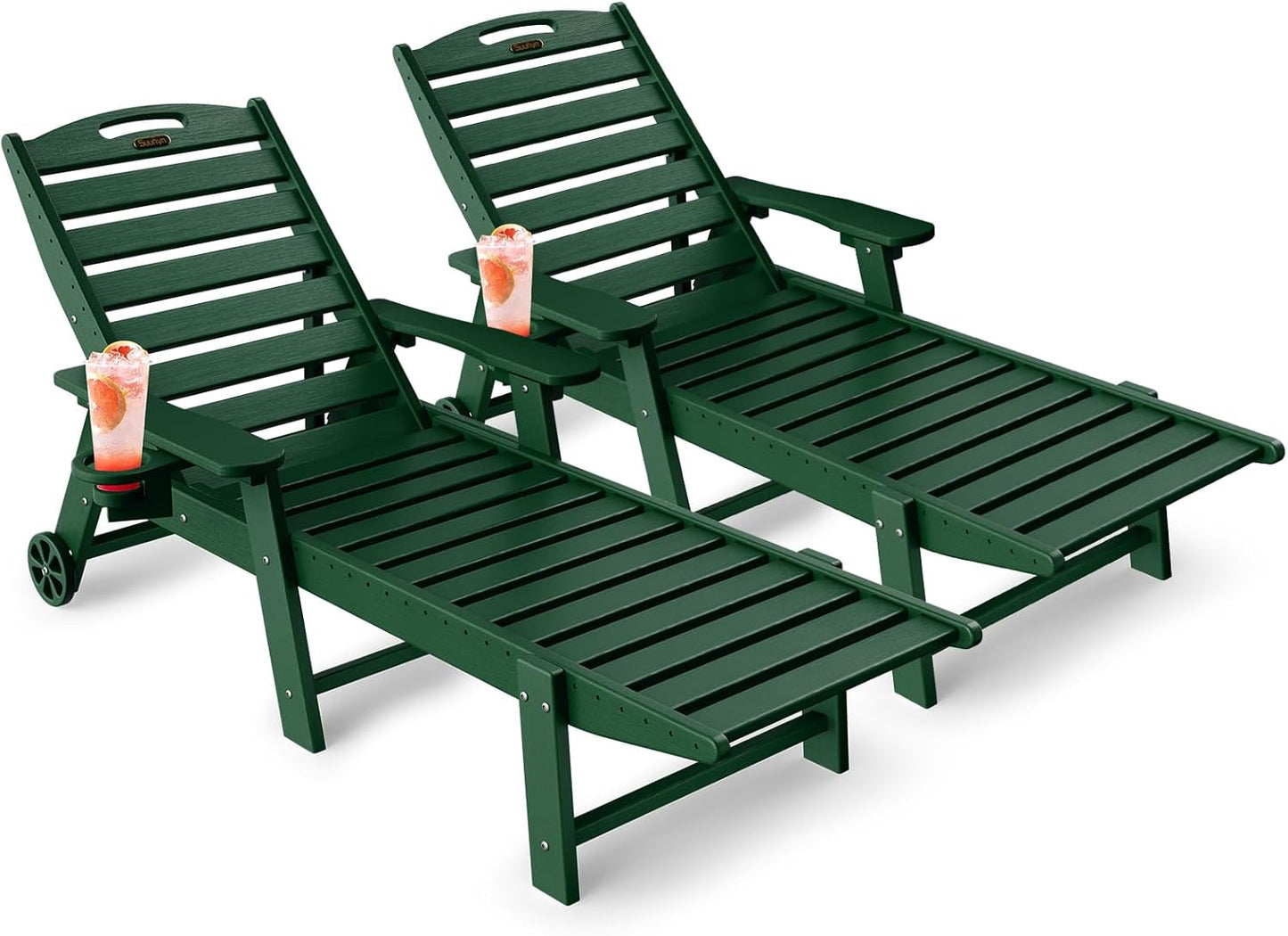 Lounge Chair Outdoor, Chaise Lounge Chair Outdoor, HDPE 6-Position Lounge Chair for Outside, Patio Lounge Chair with Wheels & Cup Holder for Pool Poolside Deck Backyard, Grey