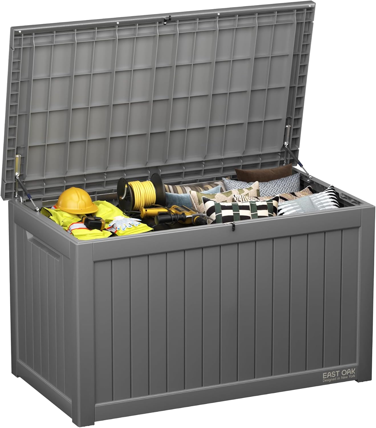 EAST OAK Outdoor Storage Box | 31 Gallon Deck Box Indoor and Outdoor Use | Waterproof Resin Storage Bin with Latch for Patio Cushions, Gardening Tools | UV Resistant | Deep Grey