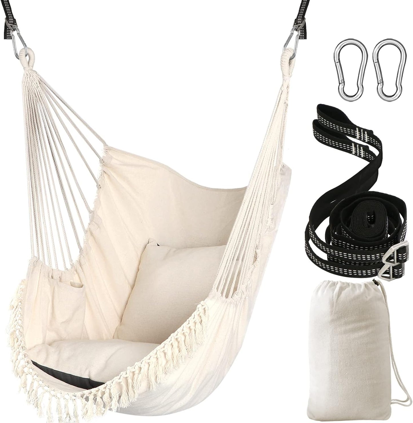 Chihee Hammock Chair Hanging Swing 2 Pillows Included,Strong Webbing Straps and Hooks for Easy Hanging Soft Cotton Hanging Chair Side Pocket Tassel Chair Comfort Indoor Outdoor Dark Grey