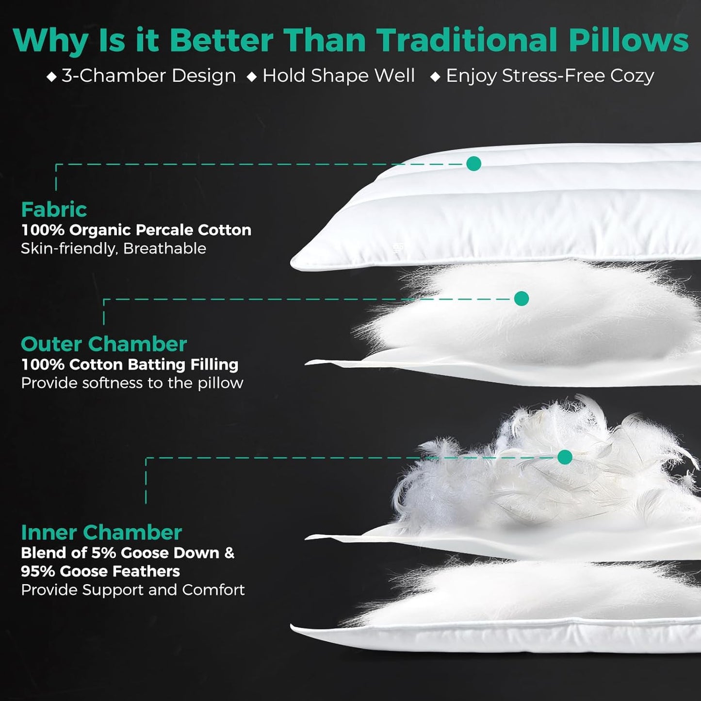 Three Geese Luxury Flat Thin Goose Feather Down Pillows Queen Size, 3 Inch Height, 100% Cotton Cover, Medium Firm, Hotel Collection Ultra Slim Thin Bed Pillows, Machine Washable, 18" x 30"