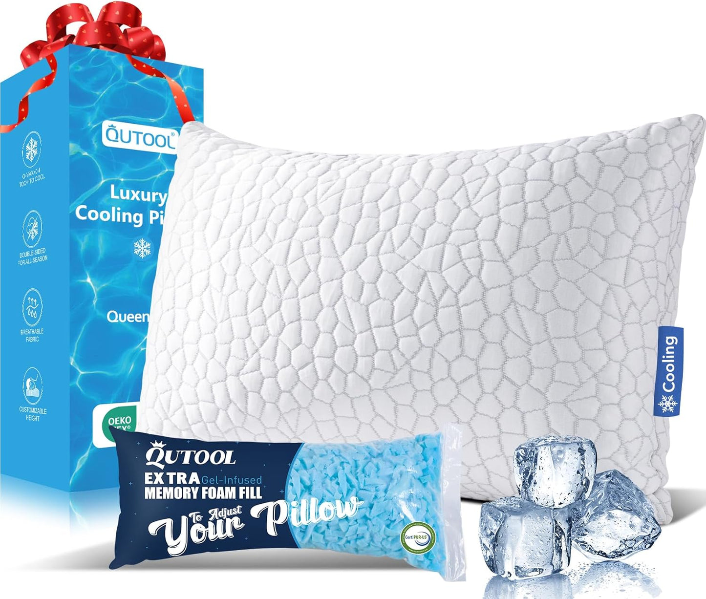 QUTOOL Cooling Pillows for Sleeping 2 Pack, Shredded Memory Foam Bed Pillows Queen Size Set of 2, Cool Gel Pillow for Hot Sleepers Adjustable Firm Pillow for Side, Back and Stomach Sleepers Supportive