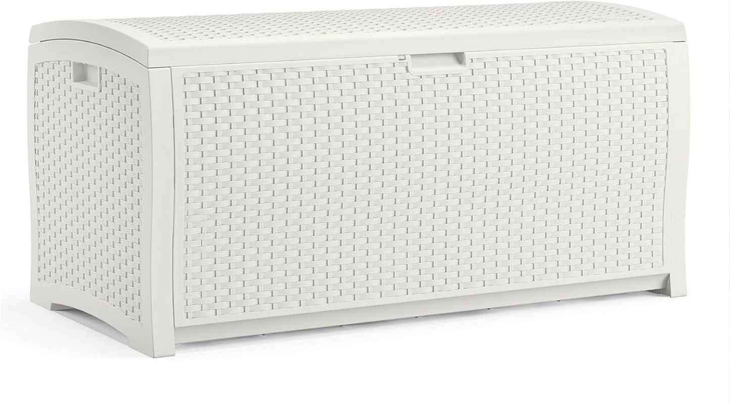 Suncast DBW9200 99 Gallon Outdoor Wicker Plastic Patio Storage Chest Bin with Handles for Patio, Garden, Garage, or Pool for All Weather, Mocha